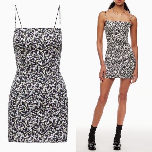 Aritzia Sunday Best ‘Shimmer’ Satin Dress in Black/Lilac Bloom Floral NWT Size 6 - Picture 1 of 10